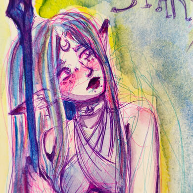 traditional watercolour of an elf with long white hair, stars on her cheeks and a crescent moon on her forehead. she is holding a staff and looking up